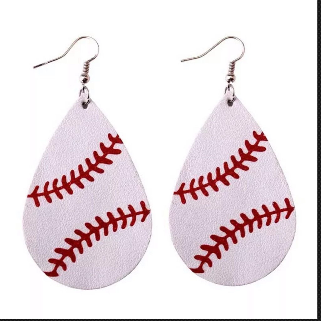 Baseball Theme Leather Teardrop Earrings